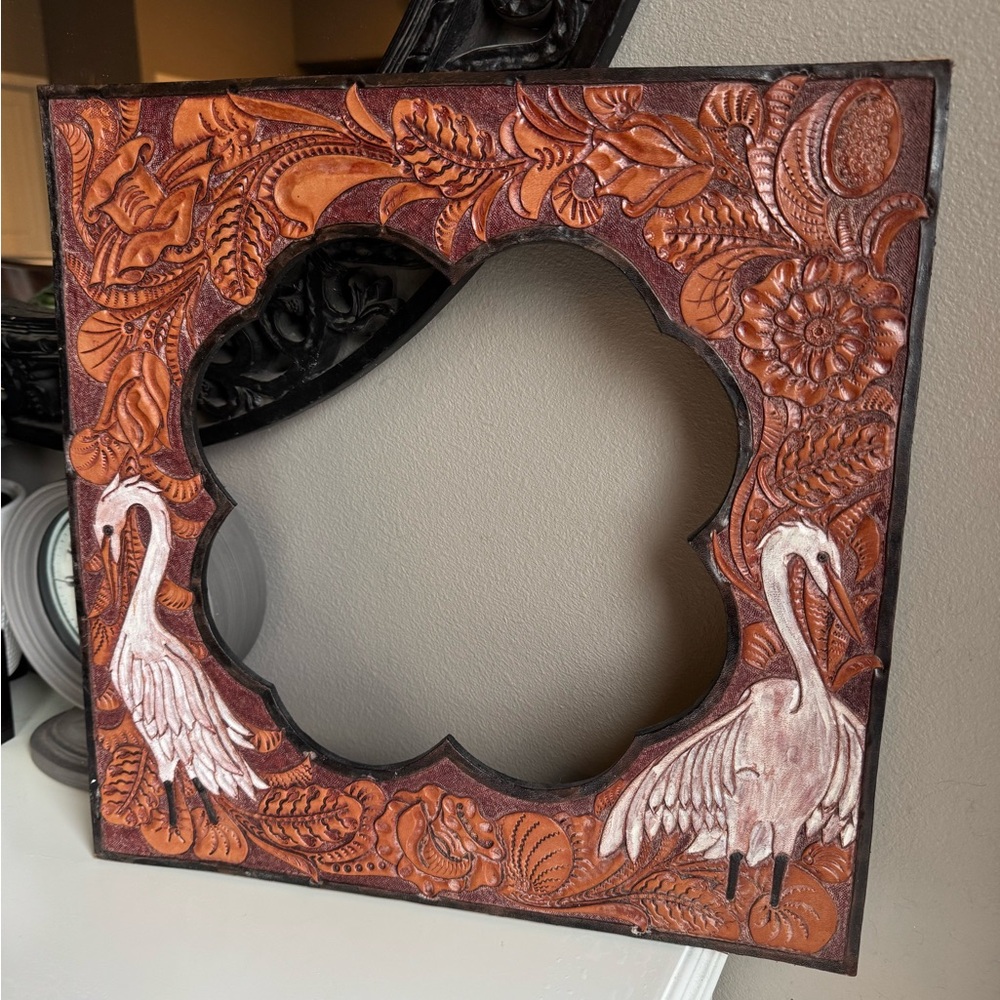 Vintage Tooled Leather Picture Frame with Crane Design.